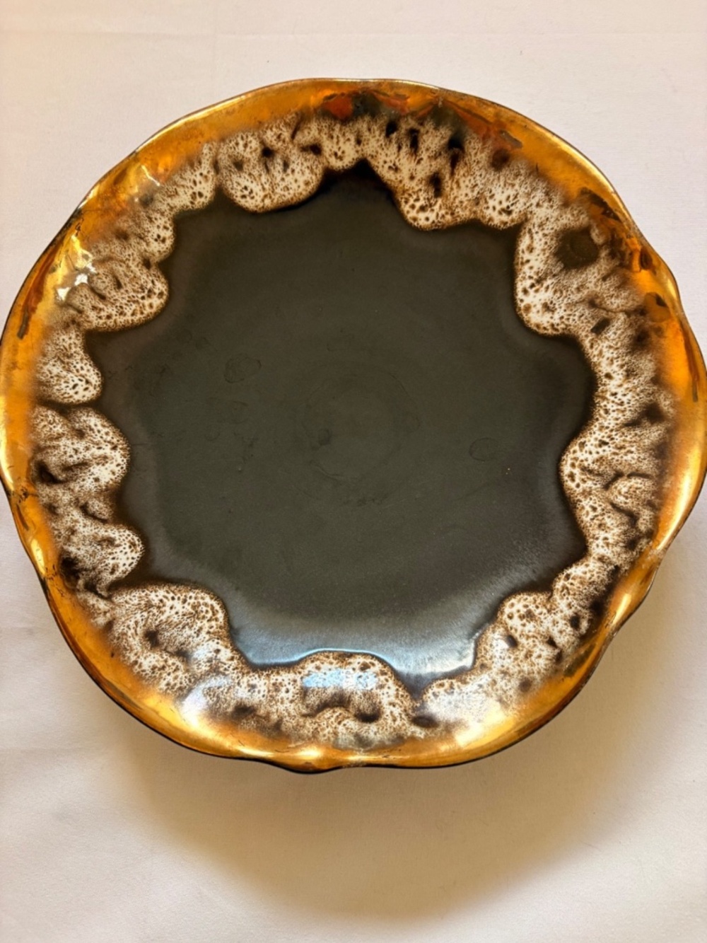 Vintage California Pottery Brown & Gold Fat Lava Drip Glaze Decorative Plate 9"